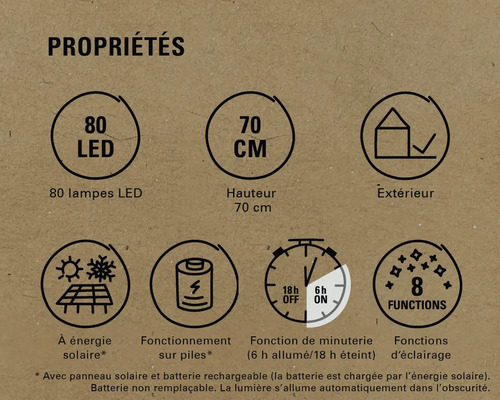 Propriétés : 80 LED, hauteur de 70 cm, convient pour l’extérieur, énergie solaire, fonctionnement sur piles, fonction de minuterie, huit fonctions d’éclairage.