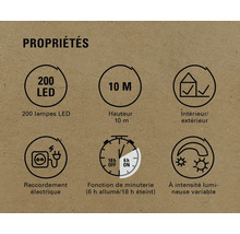 Propriétés : 200 LED, hauteur de 10 m, utilisation intérieure/extérieure, raccordement électrique, fonction de minuterie (6 h allumée/18 h éteinte), intensité lumineuse variable