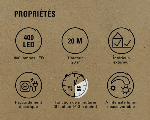 Propriétés : 400 LED, longueur de 20 mètres, pour intérieur et extérieur, raccordement électrique, fonction de minuterie (6 h allumée/18 h éteinte), intensité lumineuse variable.