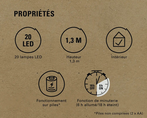 Propriétés : 20 LED, hauteur de 1,3 mètre, pour l’intérieur, fonctionne sur piles, fonction de minuterie