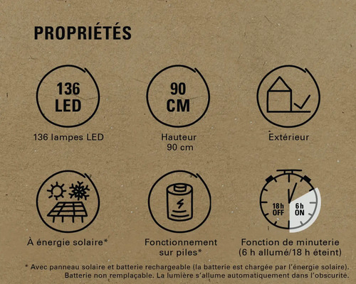 Propriétés : 136 LED, hauteur de 90 centimètres, convient pour l’extérieur, énergie solaire, fonctionnement sur batterie, fonction de minuterie (6 heures allumées/18 heures éteintes)