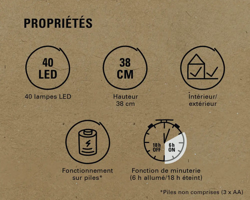 Caractéristiques du produit : 40 LED, hauteur de 38 centimètres, convient pour l’intérieur et l’extérieur, fonctionne sur piles, fonction de minuterie