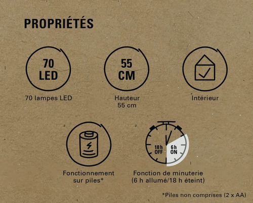 Propriétés du produit : 70 LED, hauteur 55 cm, convient pour l'intérieur, fonctionne sur piles, fonction de minuterie