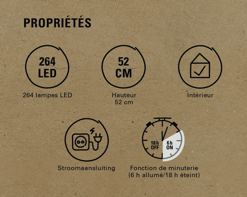 Propriétés du produit: 264 LED, hauteur 52 centimètres, pour l'intérieur, raccordement électrique, fonction de minuterie (6 heures allumée, 18 heures éteinte)