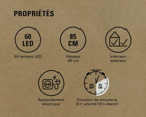 Propriétés : 60 LED, hauteur de 85 cm, intérieur/extérieur, raccordement électrique, fonction de minuterie (6 h allumé/18 h éteint)