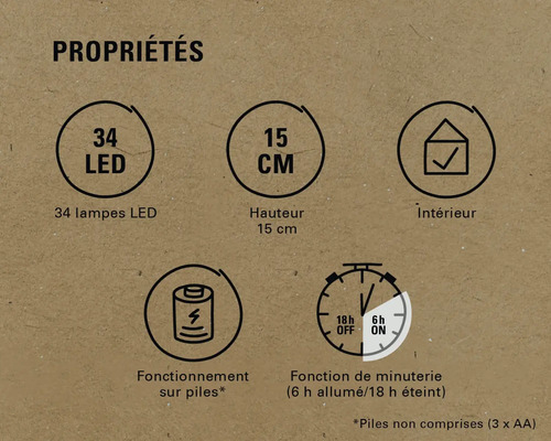 Propriétés : 34 LED, hauteur de 15 cm, convient pour l’intérieur, fonctionne sur piles, fonction de minuterie