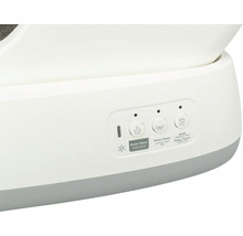 Bedienfeld einer selbstreinigenden Katzentoilette mit Tasten für Reinigungszyklus, Streuverteilung und Kindersicherung.