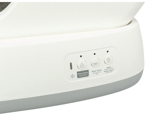 Bedienfeld einer selbstreinigenden Katzentoilette mit Tasten für Reinigungszyklus, Streuverteilung und Kindersicherung.