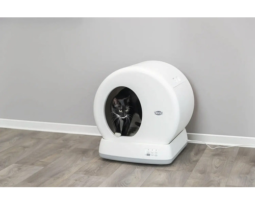 Katze in einer automatischen Katzentoilette der Marke Trixie