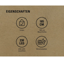 Eigenschaften: Innenraumgeeignet, 185 Zentimeter Baumhöhe, 230 LED-Leuchten, Stromstecker