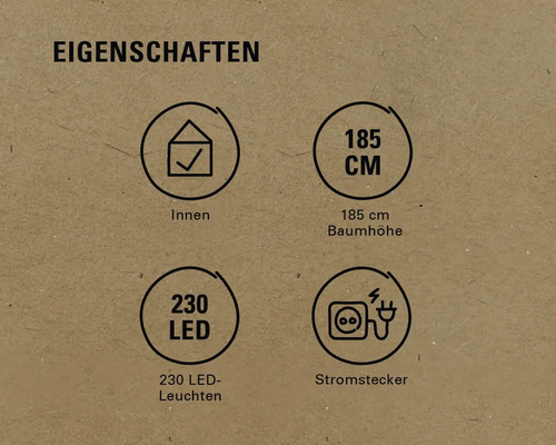 Eigenschaften: Innenraumgeeignet, 185 Zentimeter Baumhöhe, 230 LED-Leuchten, Stromstecker