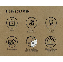 Eigenschaften: Innenraumgeeignet, 150 Zentimeter Baumhöhe, 110 LED Lichter, Stromstecker, Timerfunktion (sechs Stunden an/achtzehn Stunden aus), acht Beleuchtungsfunktionen
