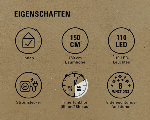 Eigenschaften: Innenraumgeeignet, 150 Zentimeter Baumhöhe, 110 LED Lichter, Stromstecker, Timerfunktion (sechs Stunden an/achtzehn Stunden aus), acht Beleuchtungsfunktionen