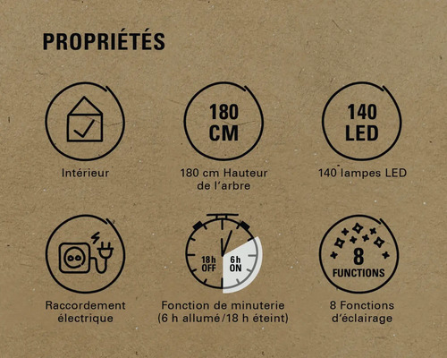 Propriétés : intérieur, hauteur de 180 centimètres, 140 lampes LED, raccordement électrique, fonction de minuterie (6 heures allumé et 18 heures éteint), huit fonctions d’éclairage