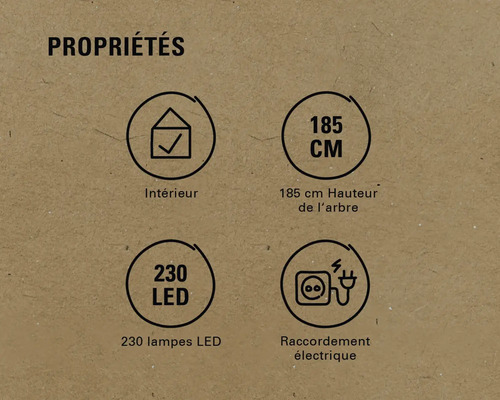 Propriétés: convient pour l'intérieur, 185 centimètres de hauteur d'arbre, 230 lampes LED, raccordement électrique