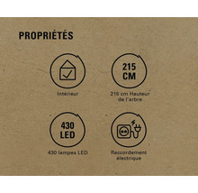 Propriétés : Convient pour l'intérieur, hauteur de l'arbre de 215 centimètres, 430 lampes LED, raccordement électrique