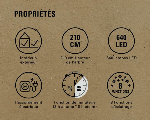 Propriétés du produit : intérieur/extérieur, hauteur 210 cm, 640 LED, raccordement électrique, fonction minuterie, 8 fonctions d'éclairage
