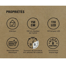 Caractéristiques du produit: intérieur, hauteur 150 cm, 110 LED, raccordement électrique, fonction de minuterie (6 heures allumées, 18 heures éteintes), 8 fonctions d'éclairage