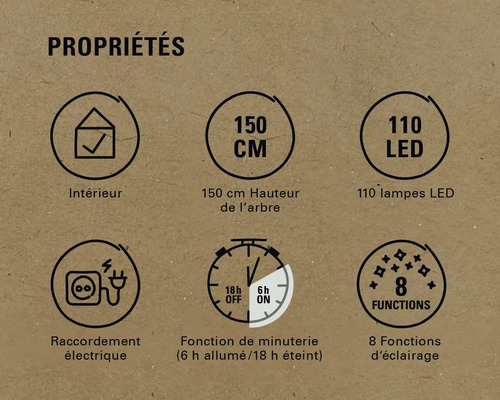 Caractéristiques du produit: intérieur, hauteur 150 cm, 110 LED, raccordement électrique, fonction de minuterie (6 heures allumées, 18 heures éteintes), 8 fonctions d'éclairage
