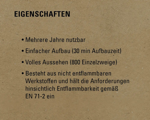 Merkmale: Mehrere Jahre verwendbar, einfacher Aufbau, volles Aussehen, besteht aus nicht entflammbaren Werkstoffen und entspricht den Entflammbarkeitsanforderungen gemäß EN 71-2.