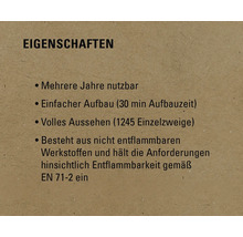 Eigenschaften: Mehrere Jahre nutzbar, einfacher Aufbau, volles Aussehen, besteht aus nicht entflammbaren Werkstoffen und entspricht den Anforderungen hinsichtlich Entflammbarkeit gemäß EN 71-2.