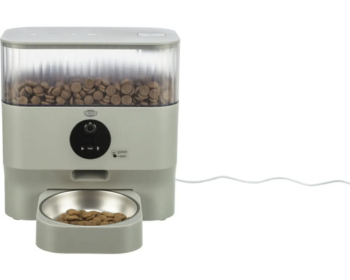 Automatischer Futterautomat für Haustiere mit Futternapf und Trixie Logo