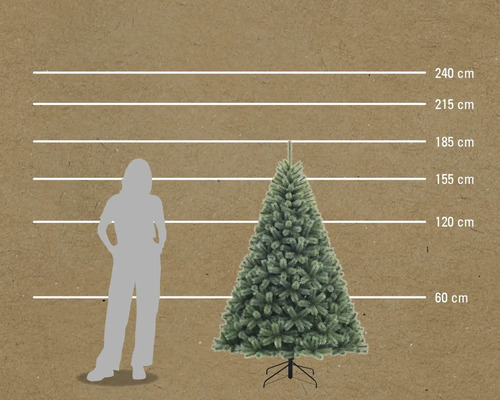 Illustration d'un arbre de Noël artificiel avec indication des tailles en centimètres