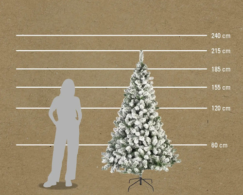 Image d'un sapin de Noël artificiel enneigé avec indication des tailles
