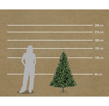 Comparaison de taille d'un sapin artificiel avec une femme et indications de hauteur en centimètres