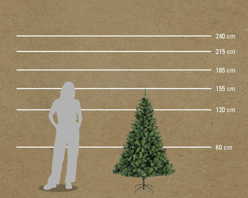Comparaison de taille d'un sapin artificiel avec une femme et indications de hauteur en centimètres