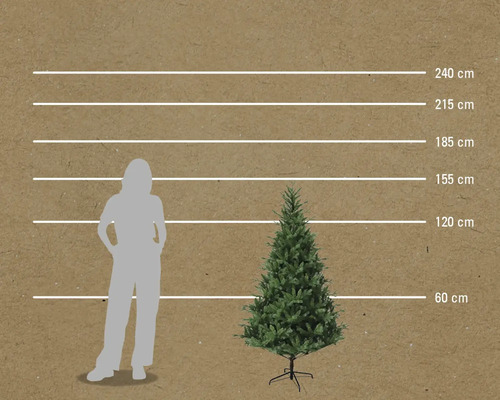 Comparaison de la taille d'un arbre de Noël artificiel avec une personne et indication de la hauteur en centimètres