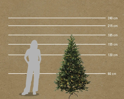Image d'un arbre de Noël artificiel illuminé avec des indications de taille et une silhouette humaine à titre de comparaison de taille