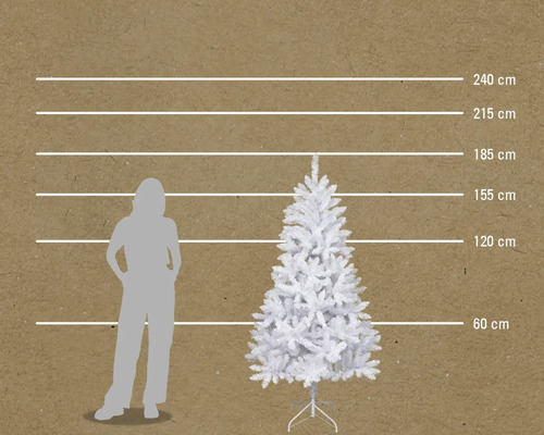 Comparaison de la taille d'un sapin artificiel à côté d'une silhouette humaine avec des indications de hauteur en centimètres