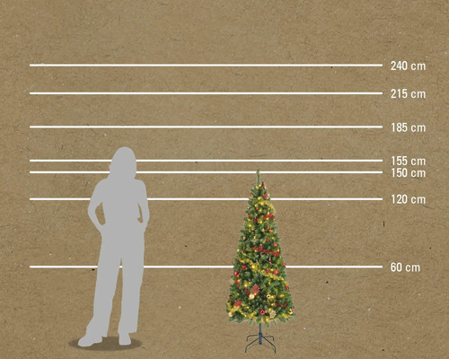 Comparaison de la taille d'un sapin de Noël avec une personne et indications de taille en centimètres.