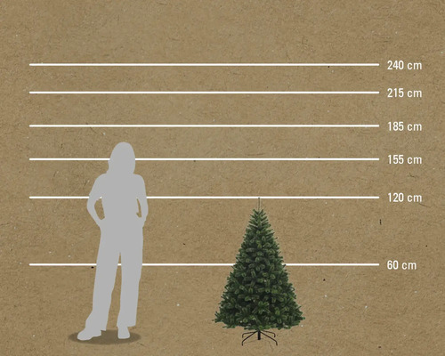 Comparaison de la taille d'un sapin de Noël artificiel avec une femme et indications de hauteur en centimètres