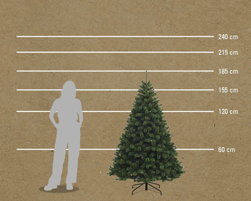 Comparaison de la taille d'un sapin de Noël artificiel avec une personne à l'aide d'indications de taille en centimètres.