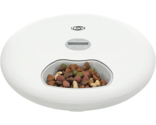 Automatischer Futterautomat mit Trockenfutter und Trixie Logo