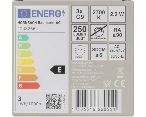 Étiquette énergétique avec des informations sur l'efficacité énergétique, le flux lumineux, la température de couleur, la consommation d'énergie et la durée de vie.