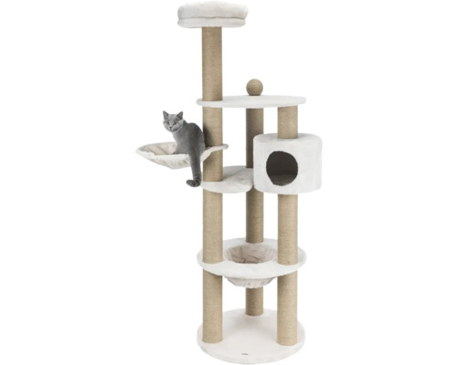 Arbre à chat avec surfaces de couchage et niche, ainsi qu'un chat