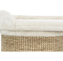 Vue détaillée d'un meuble pour chat avec surface en sisal et zone de couchage moelleuse