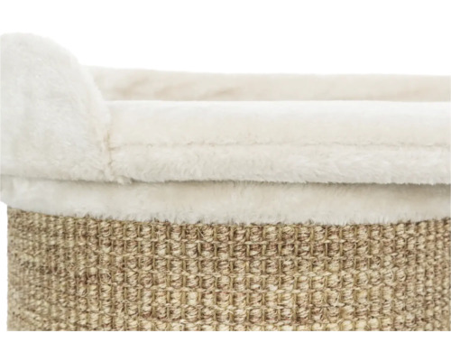 Vue détaillée d'un meuble pour chat avec surface en sisal et zone de couchage moelleuse