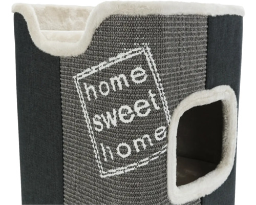 Katzenkratzbaum mit Aufschrift Home Sweet Home und zwei Eingängen