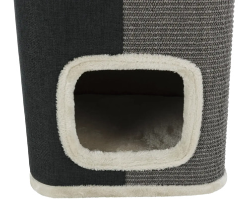 Detailansicht eines Katzenkratzbaums mit Höhle und Sisaloberfläche