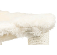 Detailansicht eines Katzenkratzbaums mit Plüschoberfläche und Sisalstamm.