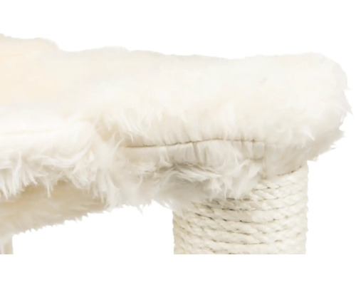 Detailansicht eines Katzenkratzbaums mit Plüschoberfläche und Sisalstamm.