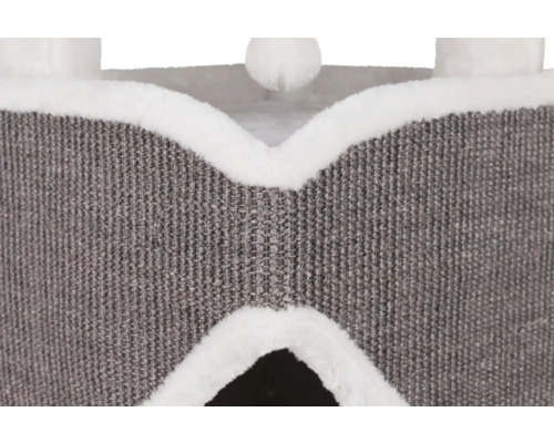 Detailansicht eines Katzenkratzbaums mit Höhlen und Sisaloberfläche