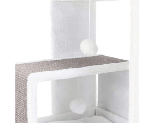 Vue détaillée d'un arbre à chat avec des surfaces de couchage et des jouets