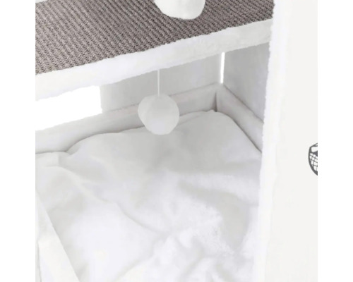 Vue détaillée d'un meuble pour chat avec surface de couchage et balle de jeu