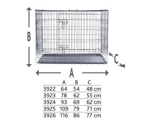 Abmessungen einer Hundetransportbox aus Draht mit Kunststoffwanne