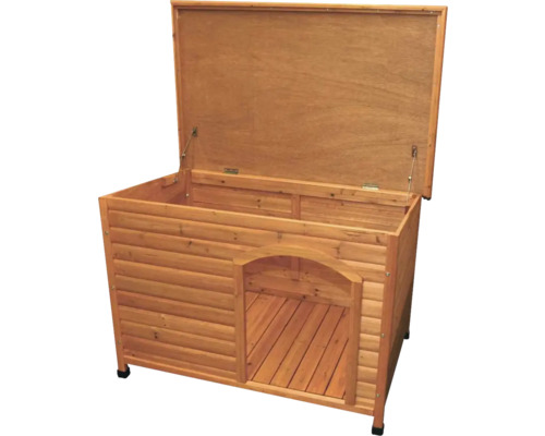 Geöffnete Hundehütte aus Holz mit Eingangstür